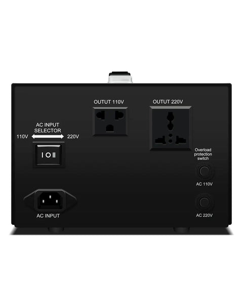 Back view of Heavy Duty Step Up And Down Transformer 220V To 110V 2000W Voltage Converter with sockets and input selector
