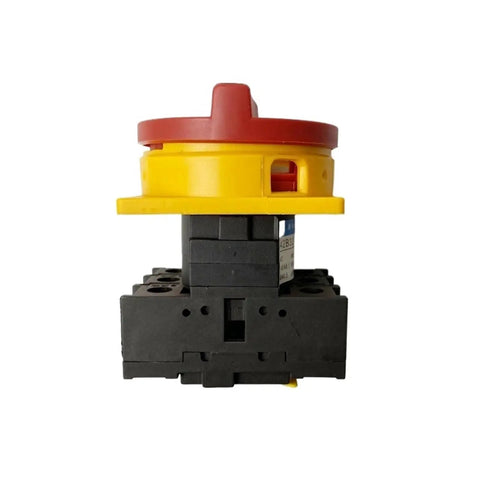 Heavy Duty Load Circuit Breaker LW42B 32A 690V AC Main Control Switch for Panel Mount Equipment, yellow and red, front view.