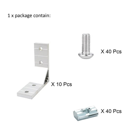 10 Pack 1 Inch Slot Aluminum Corner Brackets For 1010 And 2525 Extrusions With M6 Bolts And Nuts, shown with 40 screws and nuts