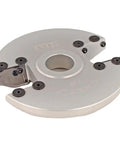 Killer Raised Panel Insert Shape Cutter Featuring Solid Carbide Replaceable Knives And Multiple Swappable Profiles For Crafting Custom Cabinet Doors. Close-up view of the cutter with sharp profile.