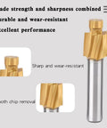 TiN-coated HSS end mill with 4 flutes and cylindrical shank; front and close-up views