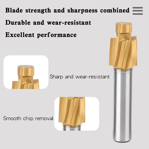 TiN-coated HSS end mill with 4 flutes and cylindrical shank; front and close-up views