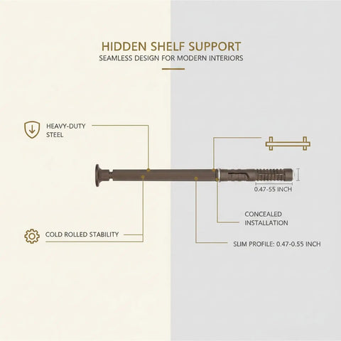 Diagram of Slim 0.47 Inch Hidden Shelf Bracket Made From Cold Rolled Steel in brown showing features for concealed installation.