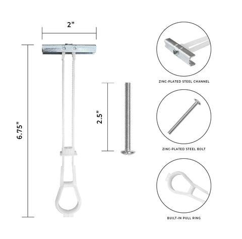 100 Pack Heavy Duty Quick Toggle Anchors With Bolts Set For Drywall Metal Studs And Concrete Block Holds 260 Plus Lbs Per Set Includes 100 Toggles And 100 Bolts Ideal For Hanging Shelves Cabinets And Heavy Items, featuring dimensions and parts close-up.