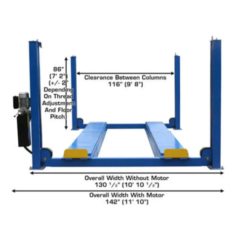 Commercial 4 Post Vehicle Alignment Lift With Heavy Duty Rotating Platforms And Secure Grip Flooring Designed For Daily Shop Use Delivers Rock Solid 14000 Lb Capacity Plus Generous Overhead Clearances And Hassle Free Controls dimensions and specifications.