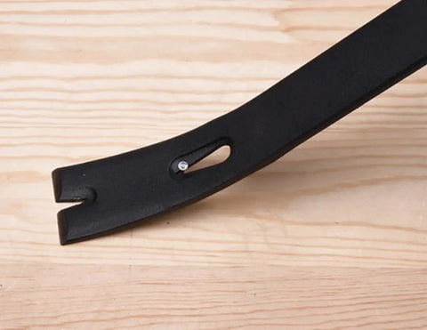 Close-up of Fifteen Inch Flat Utility Pry Bar With Nail Puller And Chisel Ends for prying, scraping, carbon steel, rust-resistant finish.