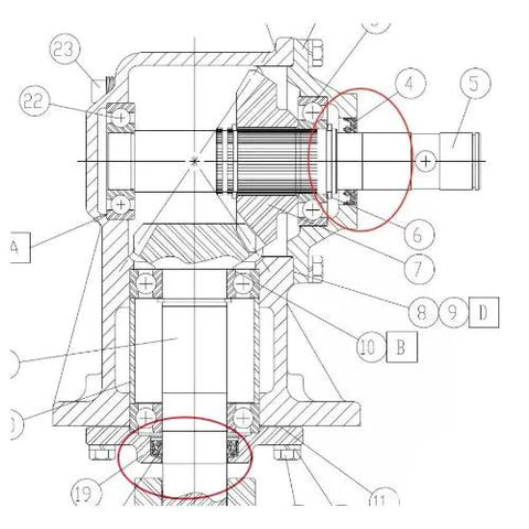Gearbox input/output shaft seal set schematic for a rotary cutter (cross-sectional view)