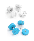 8 Pairs 16G And 18G Wood Turquoise And Stainless Steel Fake Ear Gauges Set For Men And Women Punk Barbell Stud Earrings Fake Flesh Ear Tunnels Expander Plugs 00G Look - white and blue turquoise stone design with stainless steel barbell visible.