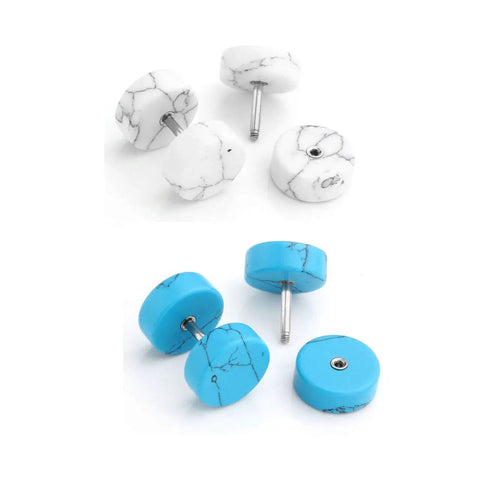 8 Pairs 16G And 18G Wood Turquoise And Stainless Steel Fake Ear Gauges Set For Men And Women Punk Barbell Stud Earrings Fake Flesh Ear Tunnels Expander Plugs 00G Look - white and blue turquoise stone design with stainless steel barbell visible.