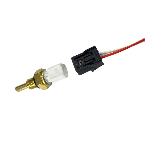 Coolant temperature sensor with brass threaded probe and white housing, side view with black connector and red/white wires.
