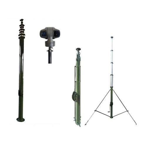 12 Meter Aluminum Telescopic Lift Mast With Manual Crank showing various angles, aluminum construction, mounted on tripod support.