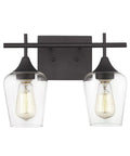 Oil Rubbed Bronze Two Light Bathroom Vanity Fixture Over Mirror With Clear Glass Shades, Farmhouse Style Wall Sconce