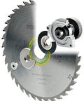 Badass Zero Fuss Plunge Saw With Aluminum Track Guide For Dial In Accuracy And Smooth Laminate Cuts 1600 Watt Motor Quick Release Blade Swap showing a close-up of a saw blade with cutting teeth and mechanism.