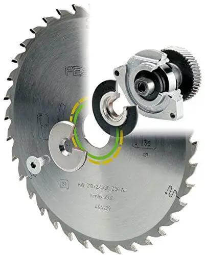 Badass Zero Fuss Plunge Saw With Aluminum Track Guide For Dial In Accuracy And Smooth Laminate Cuts 1600 Watt Motor Quick Release Blade Swap showing a close-up of a saw blade with cutting teeth and mechanism.