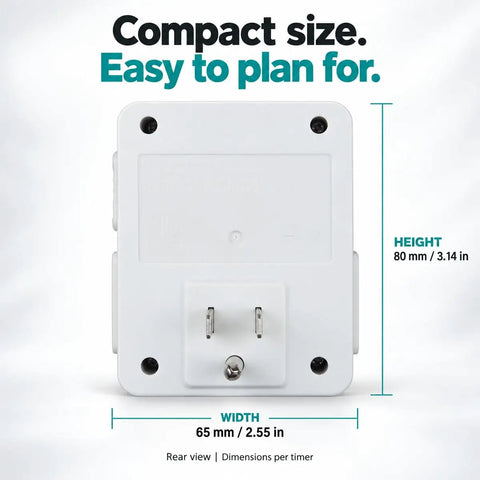 Total Snap 24 Hour Mechanical Outlet Timer With 30 Minute Setting Pins And Dual Grounded Outlets rear view showing dimensions and compact size.
