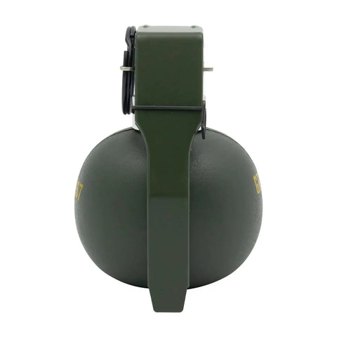 Side view of army green Dummy Grenade Replica Made From Durable Nylon Plastic For Airsoft Tactics And Cosplay Gear Lightweight Nonfunctional Prop