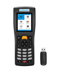 Pro Grade Wireless Barcode Scanner With Rechargeable Battery And 2 4 Ghz Rf Transceiver, handheld device with display and USB dongle.