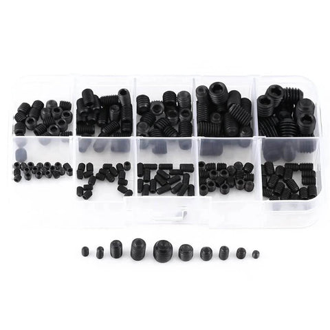 200 Piece Grub Screw Kit M3 M4 M5 M6 M8 Metric Hex Socket Head Cap Screws With Wrenches in plastic box.