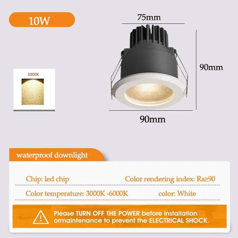 MXJCKSOQ 3CCT 3.5 Inch LED Recessed Lighting Anti-Glare Downlight,IP65 Waterproof LED Recessed Ceiling Light CRI90+ with 10W and 3000K color.