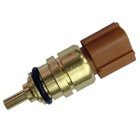 Coolant temperature sensor with brass body and brown connector, side view, Hyundai/KIA compatible