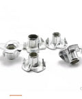 Five zinc plated four claw T nuts for wood, part of Four Claw Nut Set 20 Pcs Zinc Plated T Nut For Wood Furniture Blind Prong Inserts M10 Size