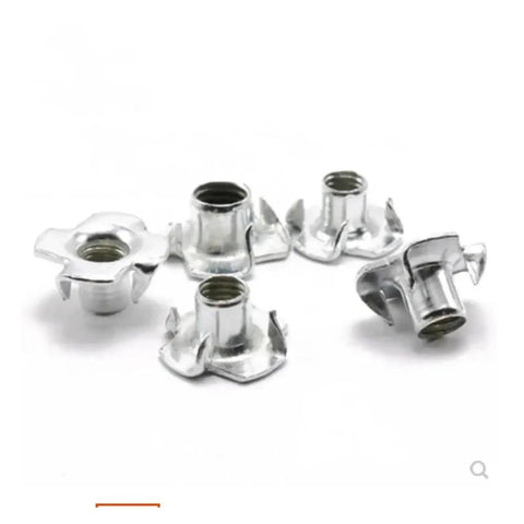 Five zinc plated four claw T nuts for wood, part of Four Claw Nut Set 20 Pcs Zinc Plated T Nut For Wood Furniture Blind Prong Inserts M10 Size