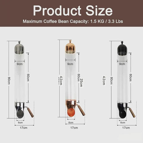 Wall Mounted Coffee Bean Dispenser 2 Pack Gold Accurate Portion Control Airtight Dry Food Holder For Kitchen Pantry Office Break Room displaying size dimensions.
