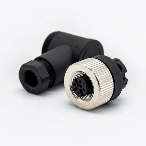 Field Ready 4 Pin Right Angle Plug And Play M12 Style Circular Sensor Connector Socket, screw locking, plastic housing.
