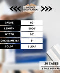 Product specifications for Heavy Duty Machine Stretch Wrap Featuring Battle Proven UV Blockers 20 inches by 5000 feet 80 gauge thickness.