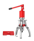 Grease Monkey Approved Hydraulic Bearing Puller Set With Tough As Nails Jaws And Swivel Pump For Stubborn Hubs Gears That Get The Job Done Without Breaking A Sweat, heavy duty design with a red pump and chrome claws.