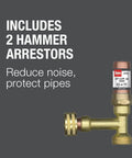 Quadtro Washing Machine Outlet Box With Hammer Arrestors shown with brass hammer arrestor against a gray background, text overlay includes hammer arrestors