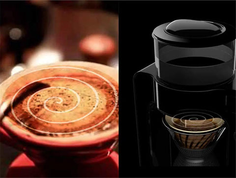Automatic Bean To Cup Coffee Maker With One Touch Control and Tuned Water Flow, showing coffee grounds in spiral filter.