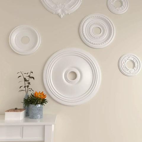 24 Inch Ceiling Medallion, 3 5/8 Inch Inner Opening, 1 1/4 Inch Projection, Lightweight And Factory Primed For Easy Install, displayed on wall