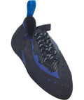 Close-up of Sirius Lace Climbing Shoes With Grippy RS Rubber Outsole Offset Lacing For A Custom Fit, Blue and Black Size 9.5