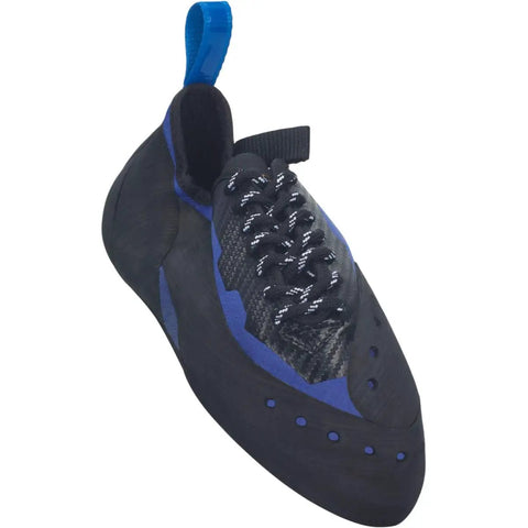 Close-up of Sirius Lace Climbing Shoes With Grippy RS Rubber Outsole Offset Lacing For A Custom Fit, Blue and Black Size 9.5