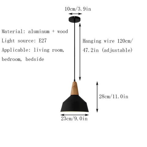 KCEYANB Adjustable Height Pendant Light Modern Simplicity Metal Hanging Lamp in black and wood, height adjustable for living space.
