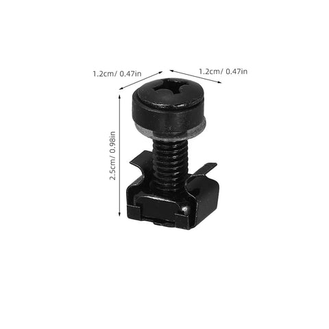 50 Pack Server Rack Cage Nuts And Mounting Screws Kit With Ultra Heavy Duty Metal Washers For Network Switches And Server Cabinets close-up of a black rack screw with dimensions.