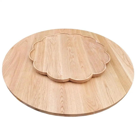 Solid Wood Lazy Susan Turntable With Slick 360 Rotation Rock Solid Base Natural Premium Finish Plum Blossom Pattern Round Serving Tray with floral design.