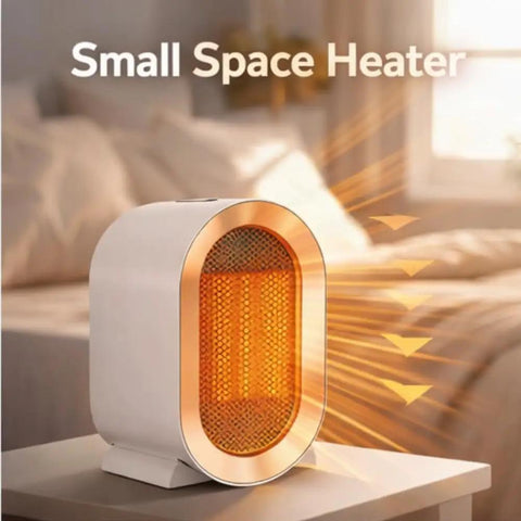 White Retro Mini Electric Space Heater With USA Plug And Play 1200W Fast Heating Ceramic Heater on bedroom table