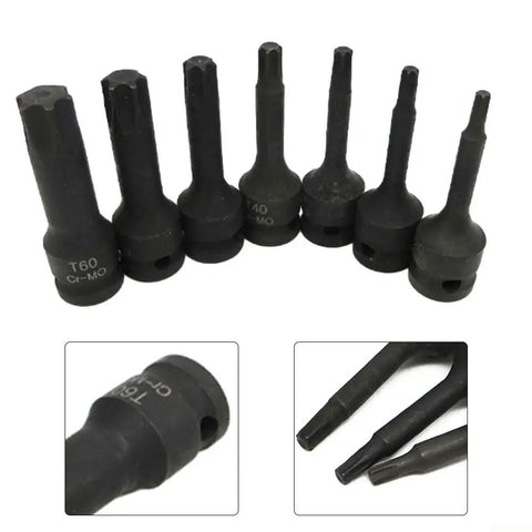 Three Eighth Inch Drive Socket Set Seven Piece Beefy Torx Bit Sockets Up To T60 With Black Oxide Coating