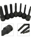 Pro Grade Three Eighths Drive Socket Set With Torx Sockets Up To T60 External Wrench Kit For Auto Repairs Built Tough With Black Oxide Finish And Handy Storage Case, close-up view showcasing 7-piece TORX sockets.