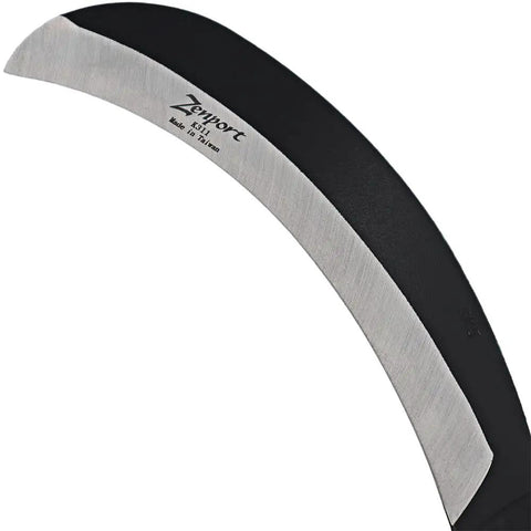 Close-up of Heavy Duty Clearing Sickle With 23 Inch Long Chop Blade And 14 Inch Aluminum Handle, showing razor sharp 8-inch carbon steel hooked blade.