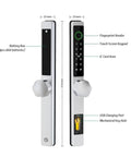Slim Fingerprint Smart Lock Featuring Quick Keyless Entry And Touchless Face Scan, showing fingerprint reader and touchscreen keypad.