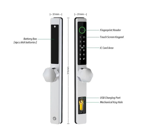 Slim Fingerprint Smart Lock Featuring Quick Keyless Entry And Touchless Face Scan, showing fingerprint reader and touchscreen keypad.