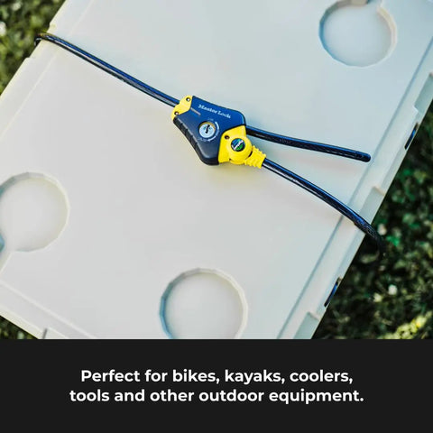 Python Cable Lock With Key, Heavy Duty Outdoor Lock For Bikes Trail Cameras Kayaks And Gear, Six Foot Long And Three Eighths Inch Diameter, Weatherproof Steel Cable secured on equipment