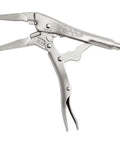 Hardcore Long Nose Locking Pliers With Built In Wire Cutter Heavy Duty Adjustable Vise Grips For Tricky Spots And Everyday Hardware Jobs Killer Grip Tool For Daily Grind. Close-up view of stainless steel pliers with serrated jaws.