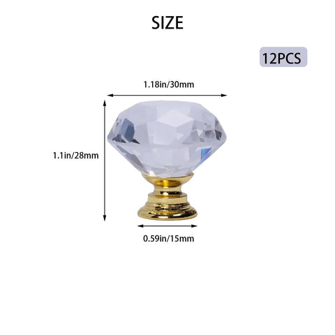 12 Pack 30Mm Diamond Cut Clear Crystal Glass Cabinet Knobs With Zinc Alloy Construction And Included Mounting Hardware, size dimensions shown.