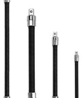 Four Piece Flexible Socket Extension Bar Set With One Half Quarter And Three Eighth Inch Shafts Built From Heavy Duty Chrome Vanadium Steel, angled view.