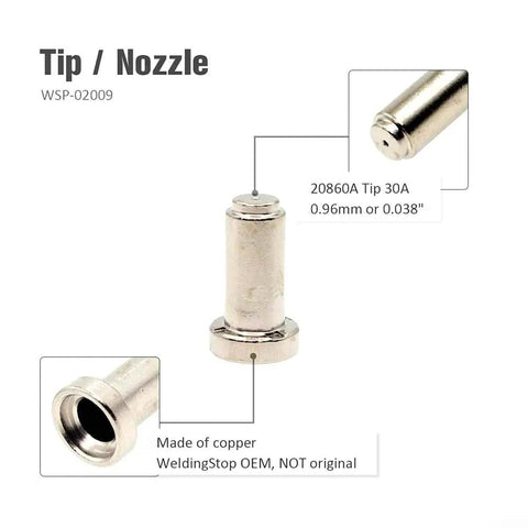 Pro Grade Plasma Electrode Tip Kit 0.96mm For ESAB PCM-500i PT-31XL Torch, copper tip detail with specifications.