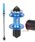 Blue 32H Beefy Aluminum Alloy Rear Hub with Quick Release for 135mm frames, shown with details and included quick release lever
